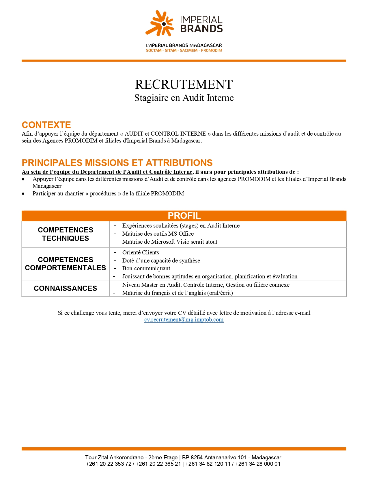 Recrutement Stagiaire En Audit Interne Imperial Brands Madagascar